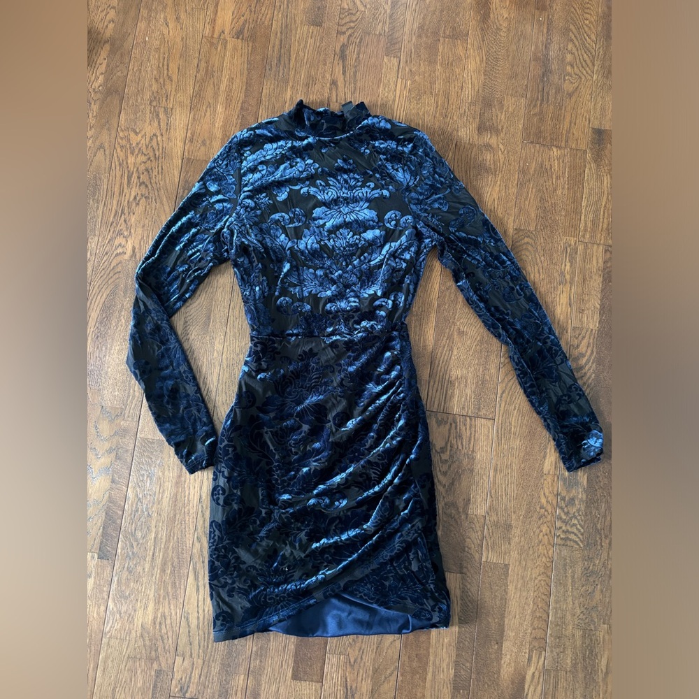 Elegant Velvet Floral Dress in Midnight Blue